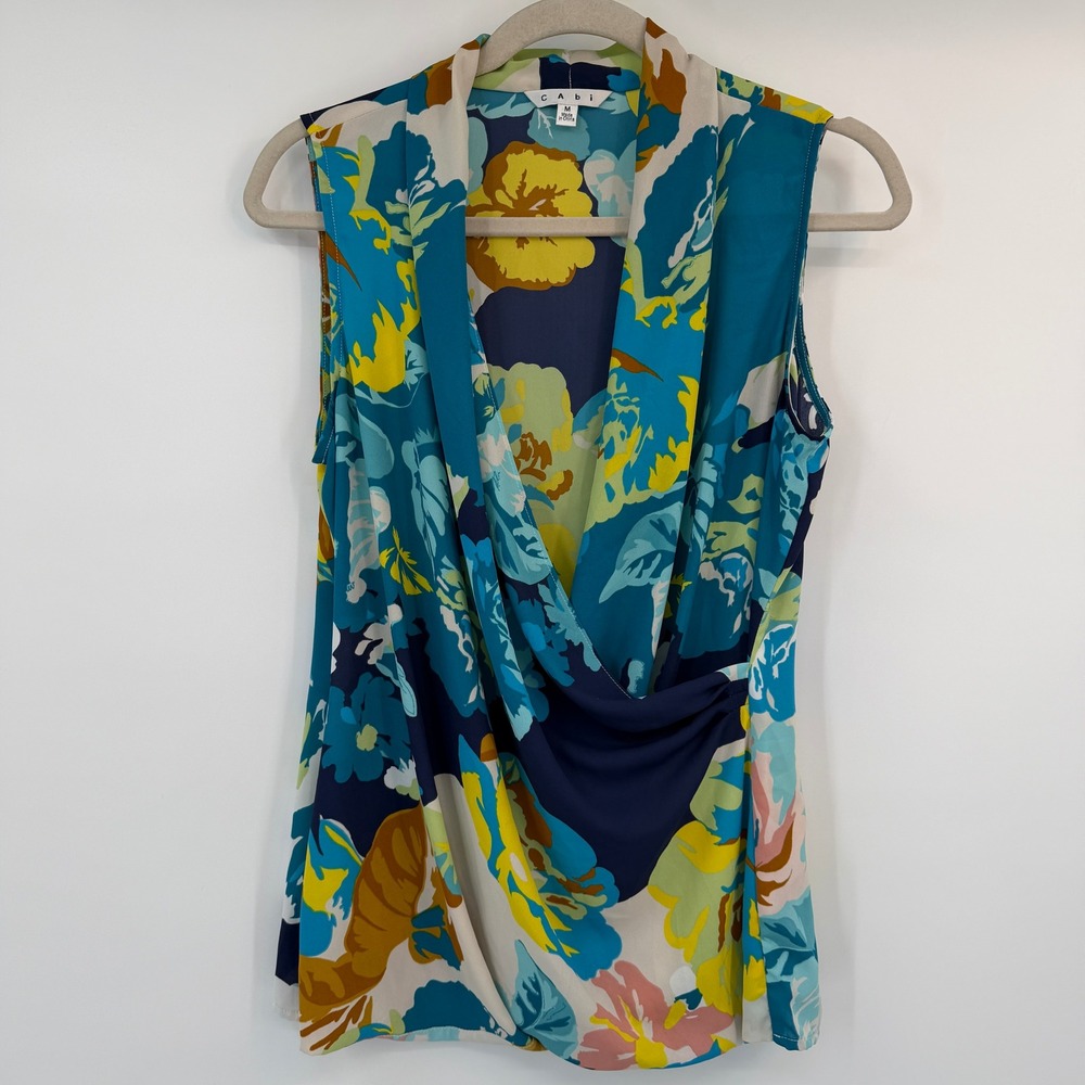 Cabi 741 Blue Yellow Floral‎ Draped Surplice Sleeveless Blouse Size Medium Bold